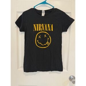 Nirvana Graphic T-Shirt Smiley Face Band Tee‎ Black Cotton Small